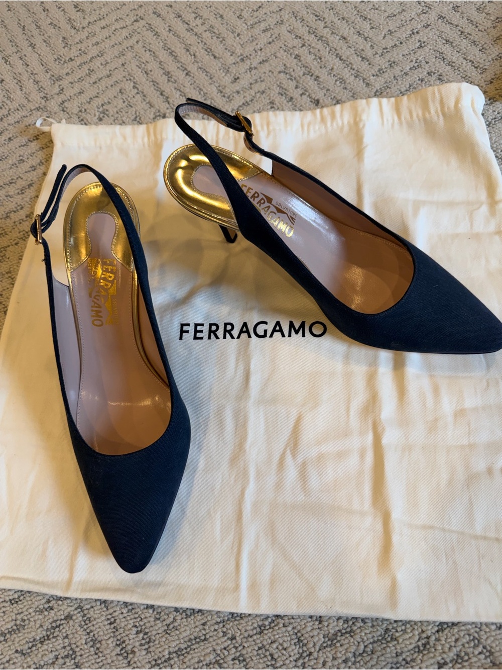 Salvatore Ferragamo Black Pointed-Toe Slingback Kitten Heels with Gold Insole
